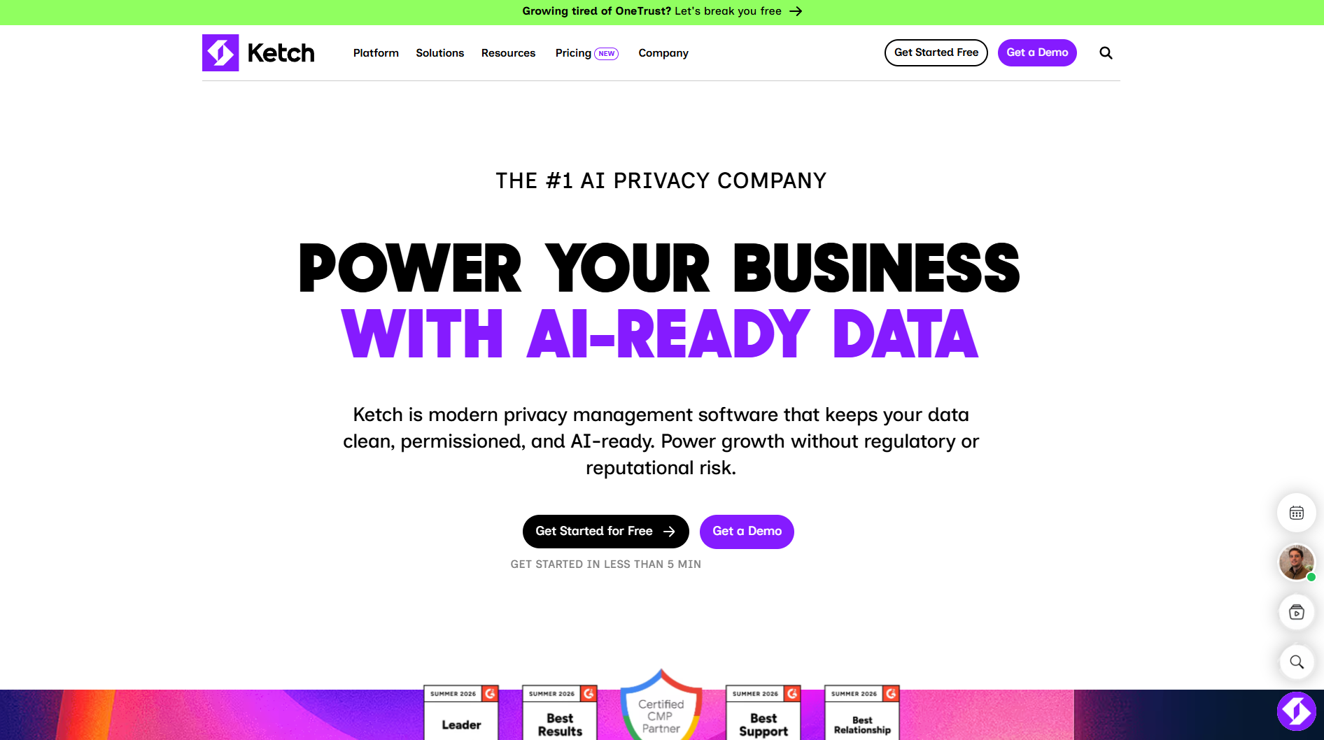 Ketch homepage. An AI-first privacy management software and adaptive compliance platform.