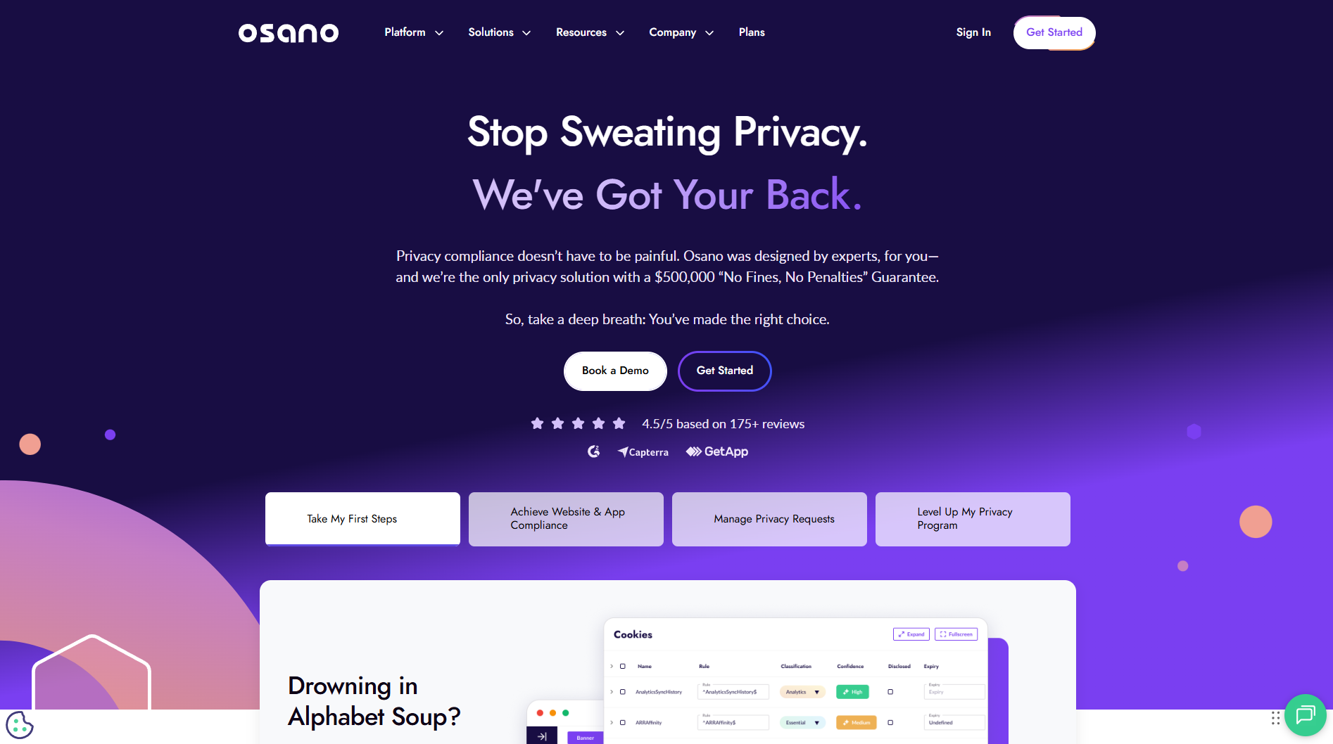 Osano homepage. A data subject rights and automated privacy compliance solution featuring AI-powered data discovery.