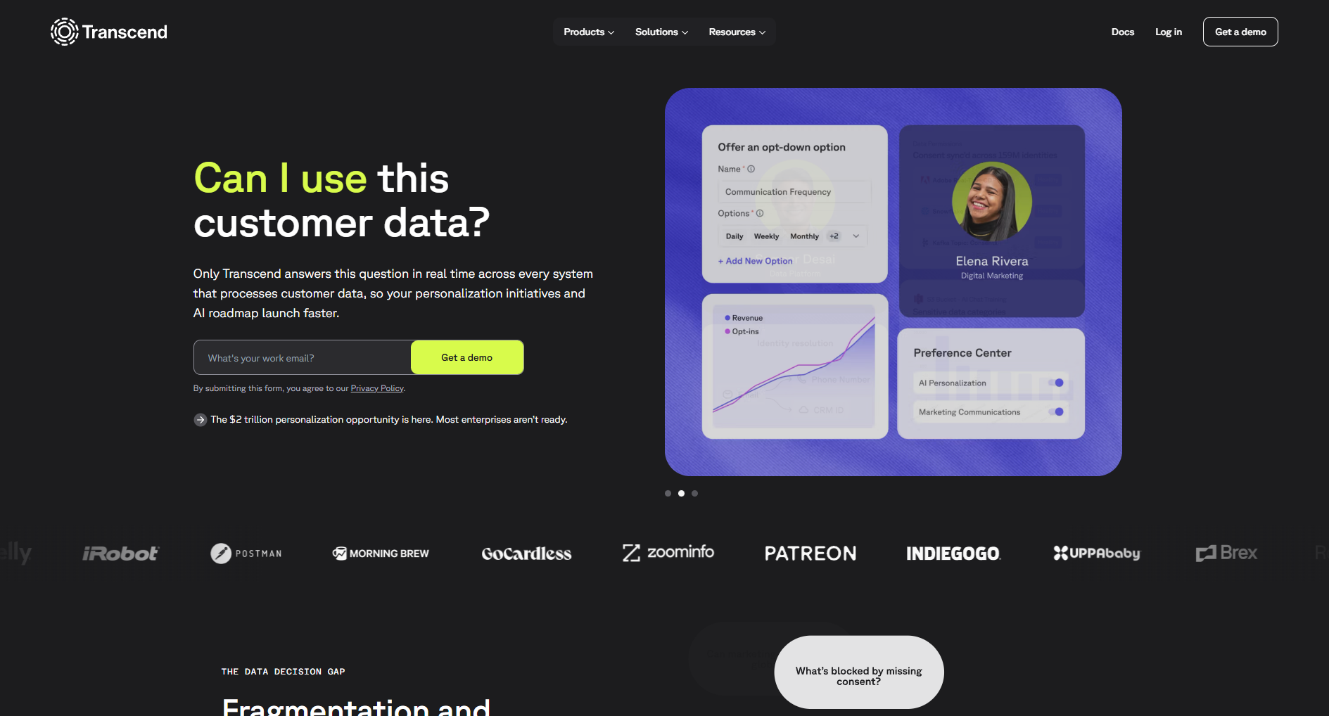 Transcend homepage. A security-first data privacy infrastructure and fully automated data subject request (DSR) fulfillment platform.